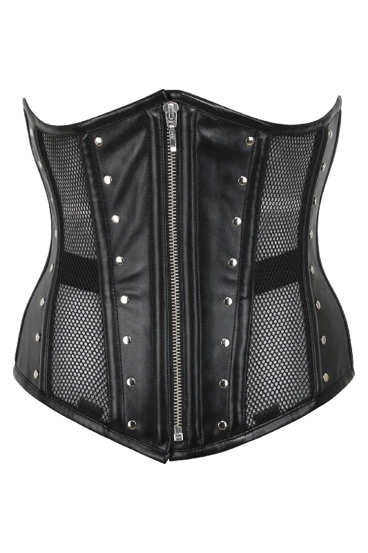 corset for workout shaping-Black Mesh & PVC Front Zip Underbust Corset