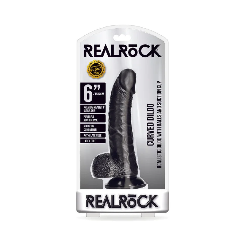 small anal dildo-RealRock Realistic 6 in. Curved Dildo With Balls and Suction Cup Black