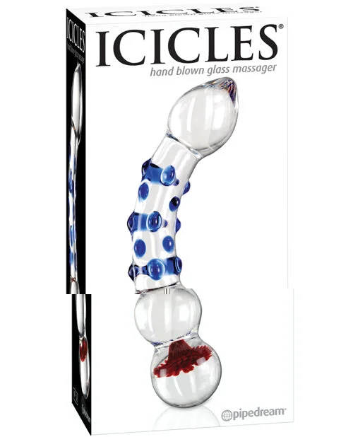 vibrating curved dildo-Icicles No. 18 Hand Blown Glass Massager - Clear w/Blue Knobs