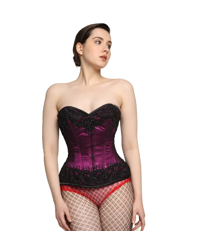 corset with front lacing-Black / Magenta Embroidery Overbust corset