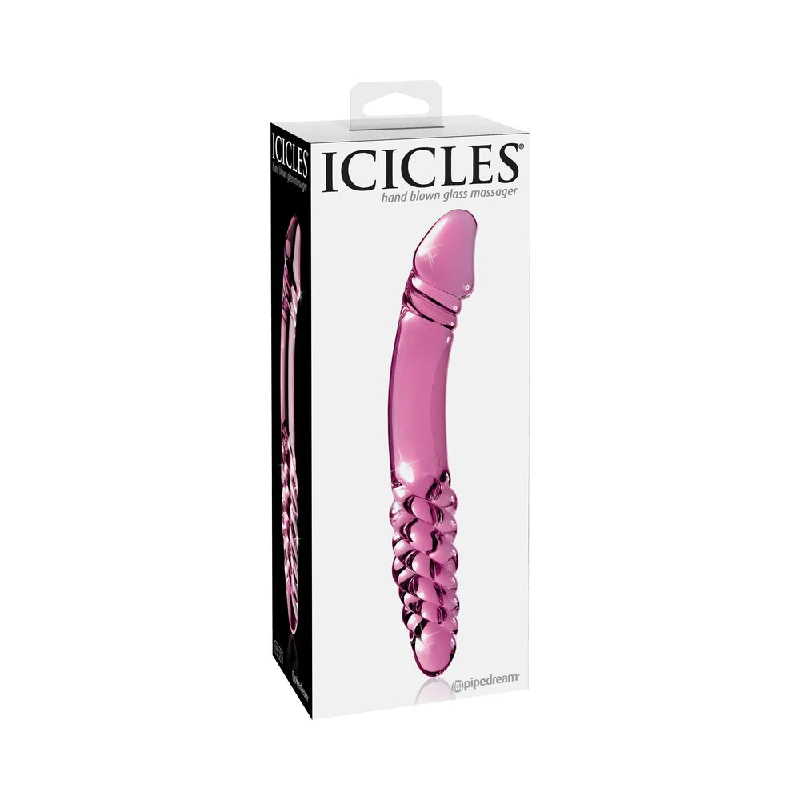 vibrating eco-friendly dildo-Icicles No. 57 Curved Textured 9 in. Dual-Ended Glass Dildo Pink