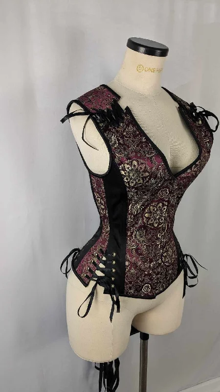 corset top with pearls-Maroon Gold and Black Brocade Androgynous Low Curve Corset Vest