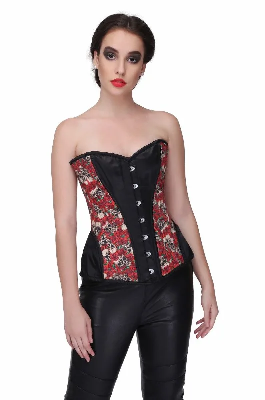 corset for vintage costume-Skull Rose Print with Brocade Waist Training Overbust Corset