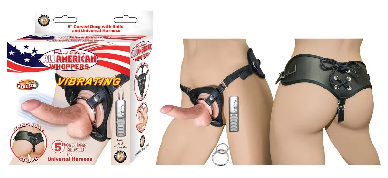 vibrating waterproof dildo-Nasstoys Real Skin All American Whoppers 5 inch Curved Remote Control Vibrating Dildo with Balls includes Strap On Harness