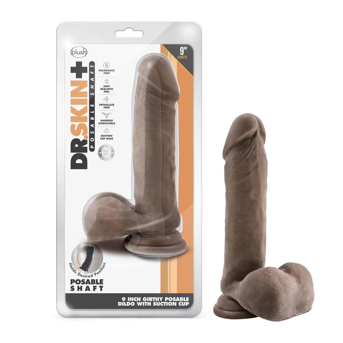 black eco-friendly dildo-Dr. Skin Plus Realistic Chocolate 9-Inch Long Dildo