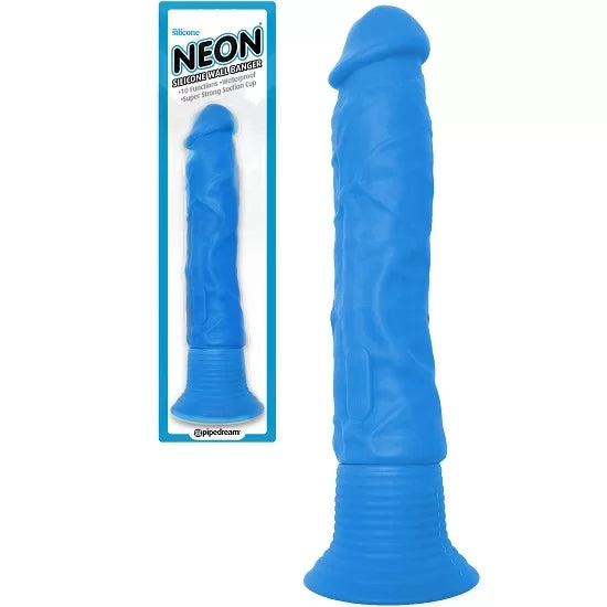 realistic hands-free dildo-Pipedream NEON SILICONE WALL BANGER Blue Vibrating Dildo with Suction Cup