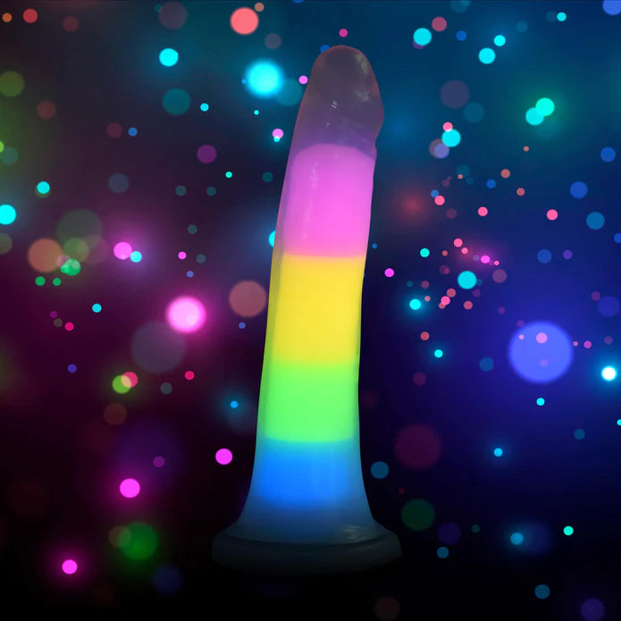 green curved dildo-7 Inch Glow-In-The-Dark Rainbow Silicone Dildo