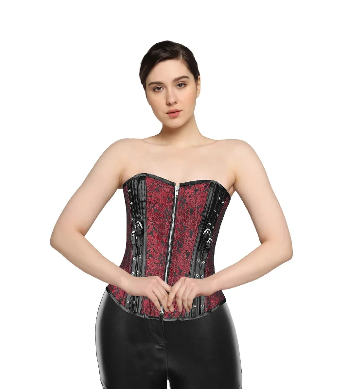 corset dress for evening event-Red Brocade Rust & Rivets  Overbust Authentic Corset