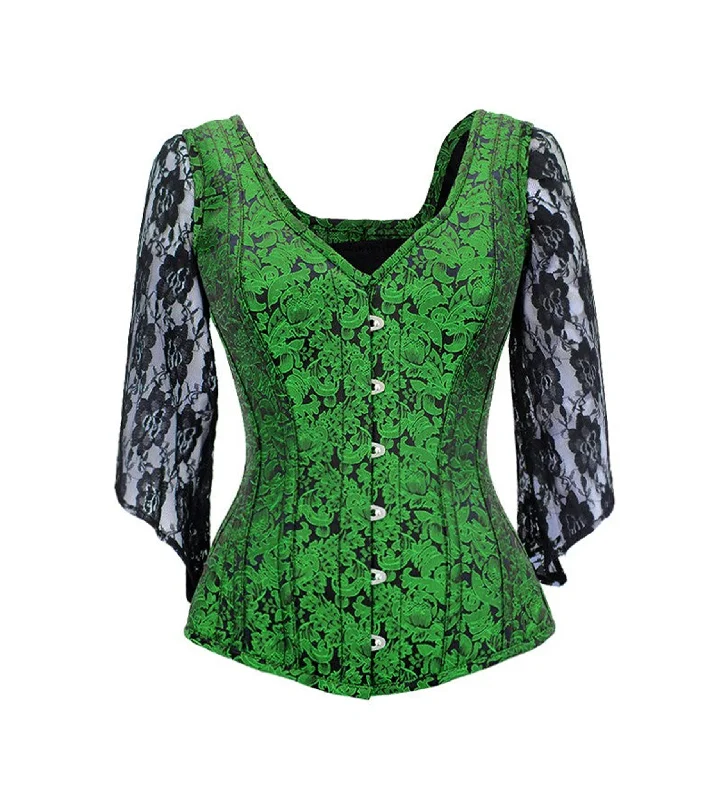 corset top with floral lace-Green Black  Broade Overbust Corset