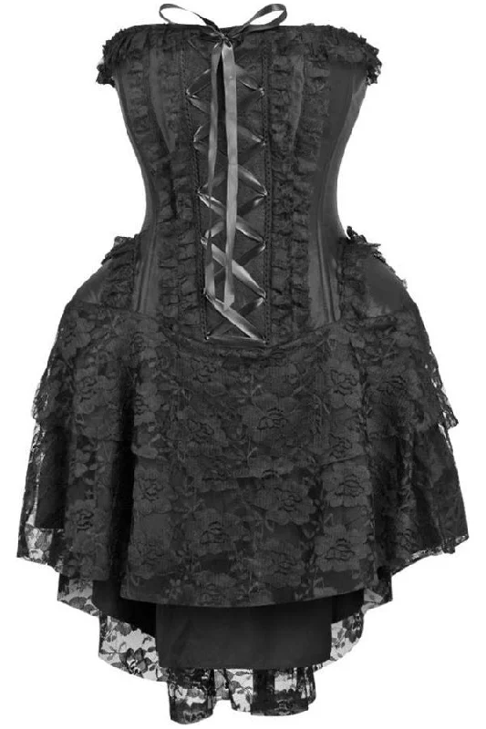 corset with scalloped edges-Top Drawer Steel Boned Strapless Black Lace Victorian Corset Dress