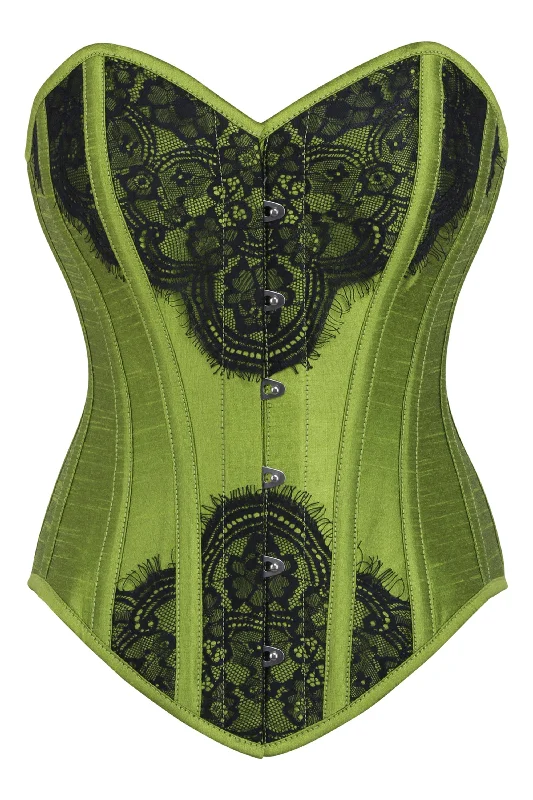 corset with hook closures-Green Waist Taming Overbust with Black Lace