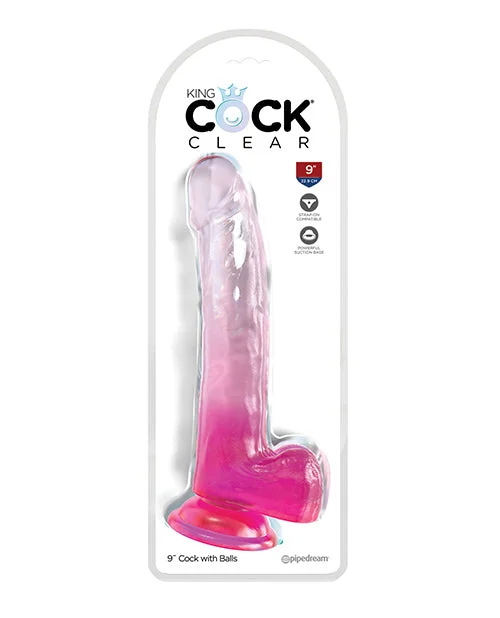 rechargeable multi-speed dildo-King Cock Clear 9" Cock w/Balls - Pink