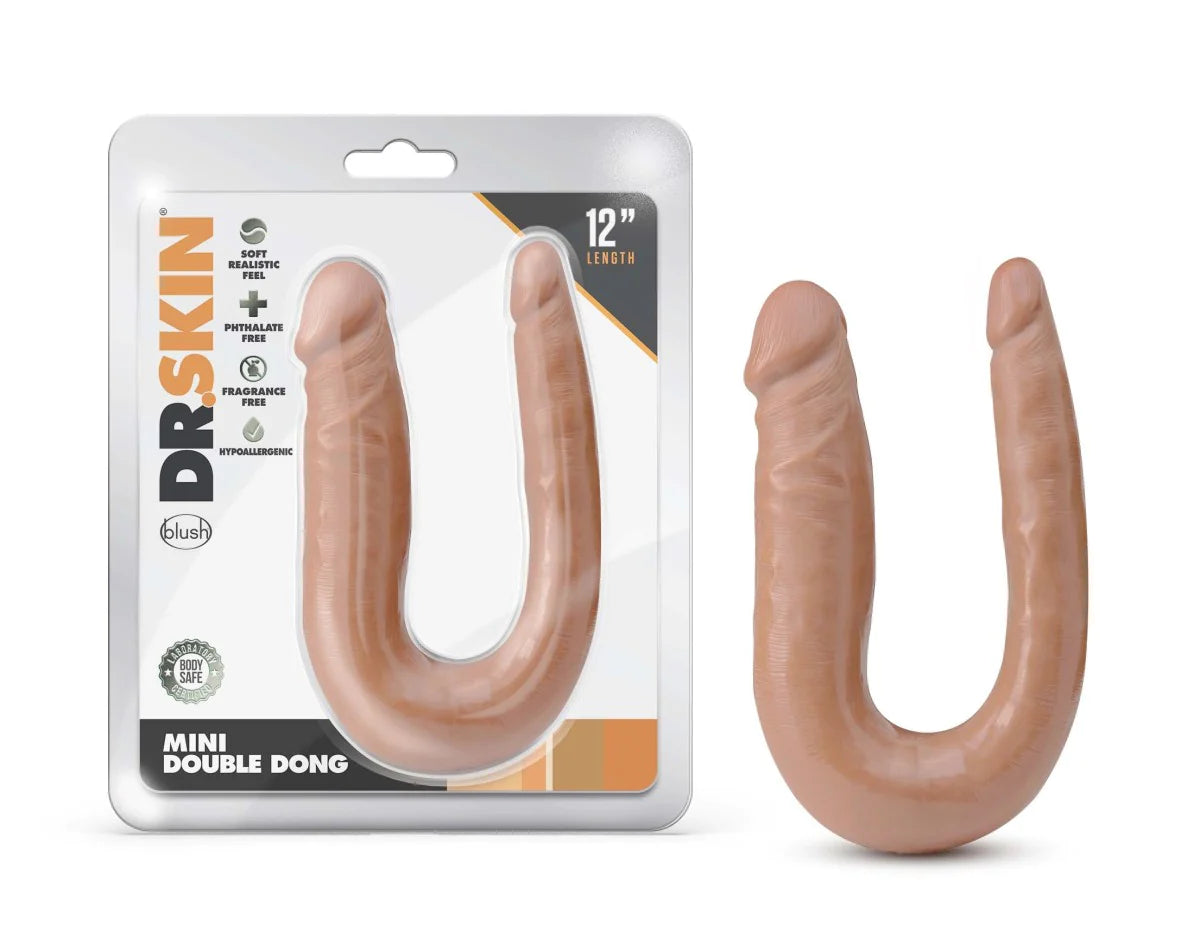 textured portable dildo-Dr. Skin Mini Double Dong Mocha 12.5-Inch Long Double Dildo