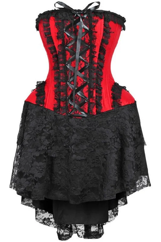 corset top olive green-Top Drawer Steel Boned Strapless Red/Black Lace Victorian Corset Dress