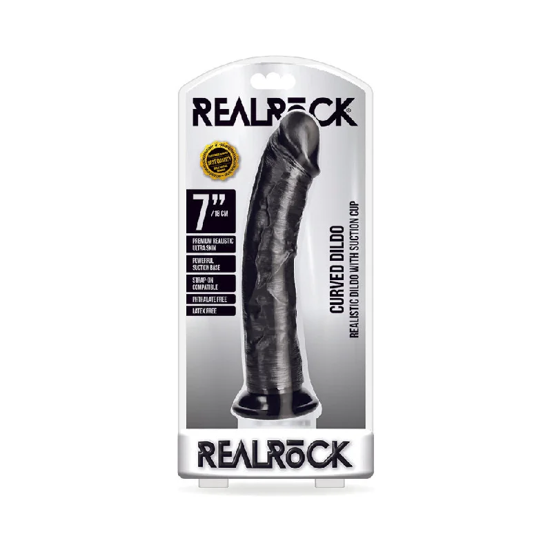 purple glow-in-the-dark dildo-RealRock Realistic 7 in. Curved Dildo With Suction Cup Black