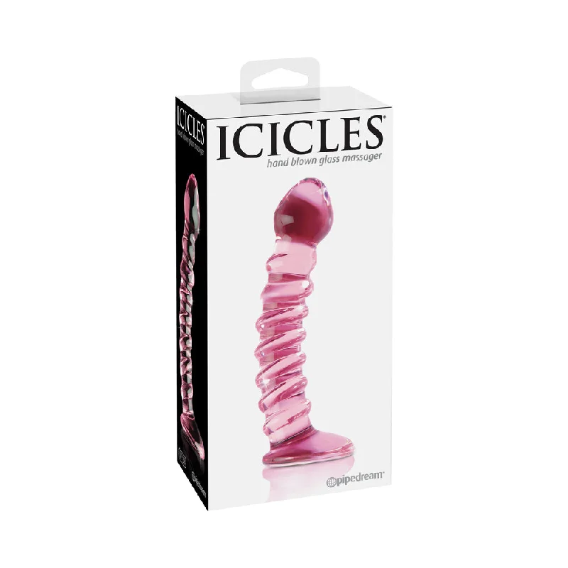 green glow-in-the-dark dildo-Icicles No. 28 Curved Ribbed 7.25 in. Glass Dildo Pink