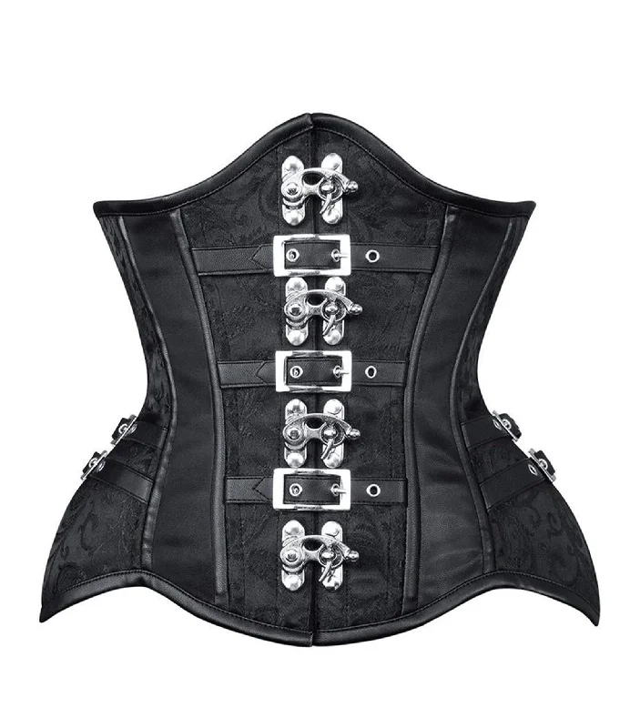 corset top with ruffles-Black Brocade Cage with C-lock and Faux Leather Corset