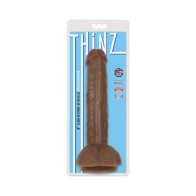 glass double-ended dildo-Curve Toys Thinz 8 in. Slim Dildo with Balls & Suction Cup Brown