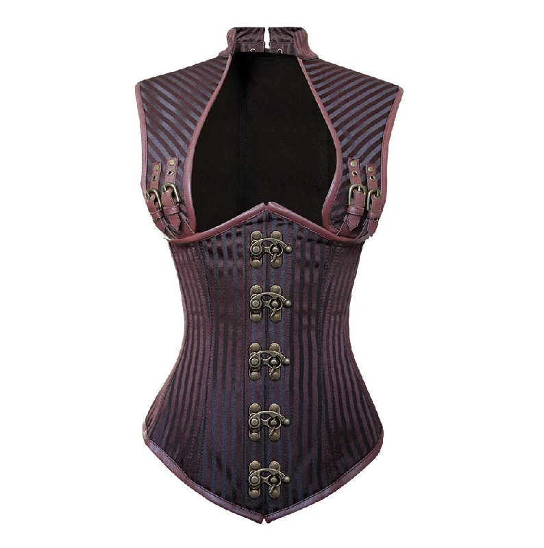 corset with sheer overlay-Brown Strip Brocade & Brown Faux Leather Steampunk Underbust Corset