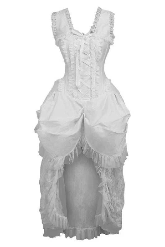 corset dress with train-Top Drawer Steel Boned White Lace Victorian Bustle Corset Dress