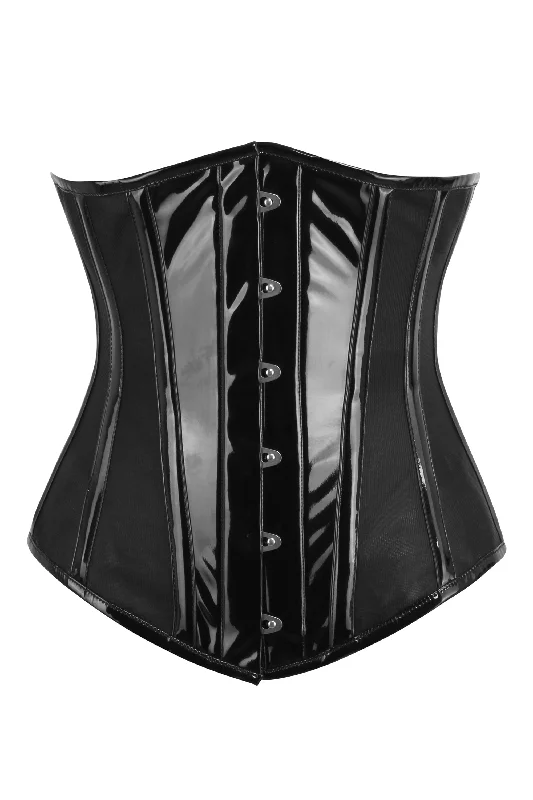 corset with satin straps-Black PVC Underbust Corset with Side Mesh Panels