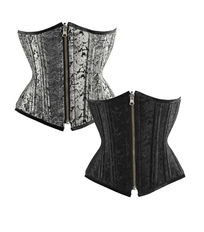 corset with lightweight boning-Silver/Black Brocade Authentic Steel Boned Reversible Waist Training Underbust Corset