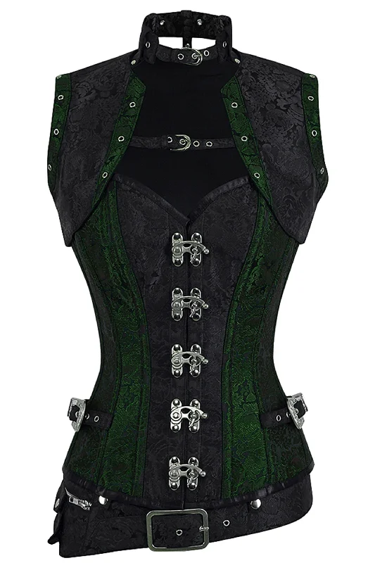 corset dress for gala-Handmade Full Steel Boned Corset with Sleeveless Jacket – Green & Black Brocade, Corset Story Design (2012)