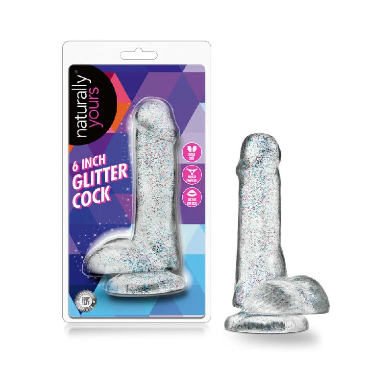 thick rechargeable dildo-Naturally Yours 6 in. Glitter Cock Realistic Dildo with Balls Sparkling Clear