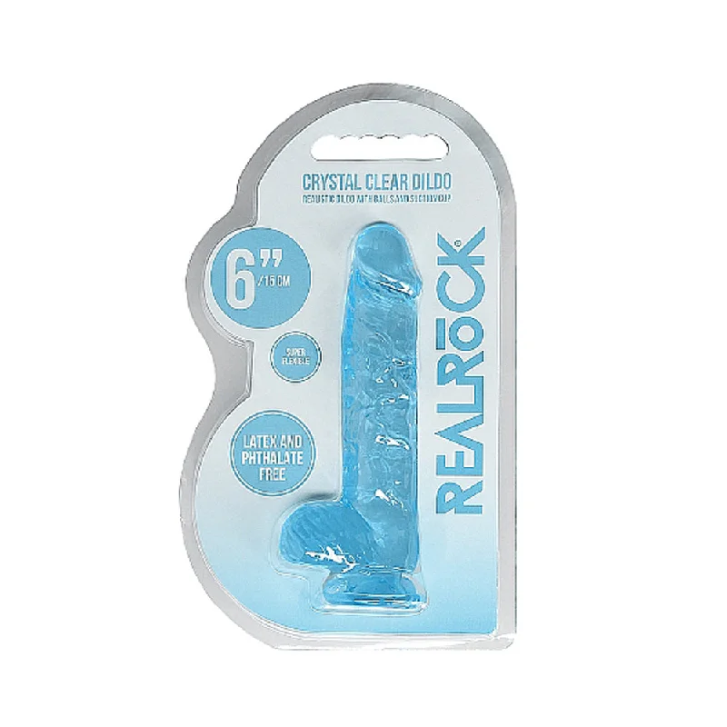 pink waterproof dildo-RealRock Crystal Clear Realistic 6 in. Dildo With Balls and Suction Cup Blue