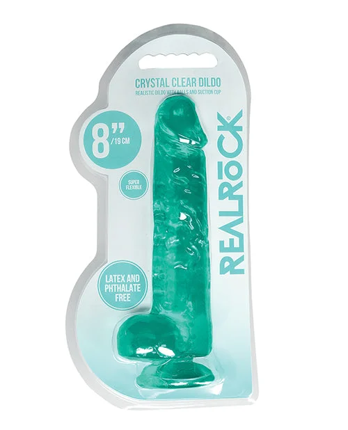 rechargeable heated dildo-Shots RealRock Realistic Crystal Clear 8" Dildo w/Balls - Turquoise