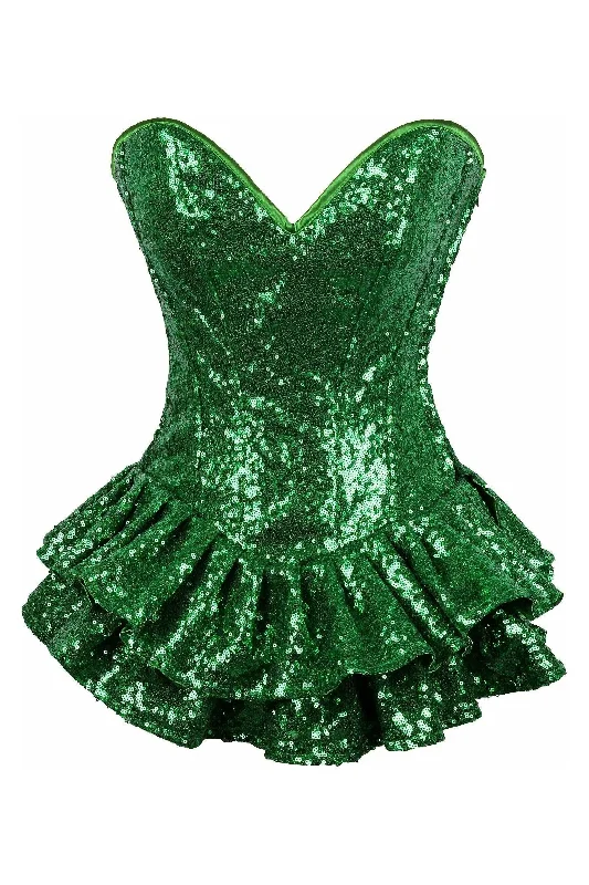 corset with chain details-Top Drawer Green Sequin Steel Boned Mini Corset Dress