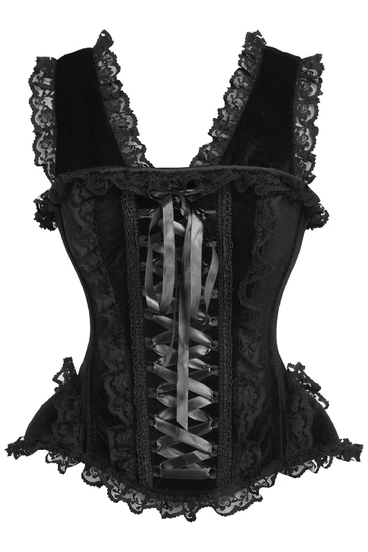 corset for plus size women-Top Drawer Black Velvet & Lace Steel Boned Corset w/Cap Sleeves