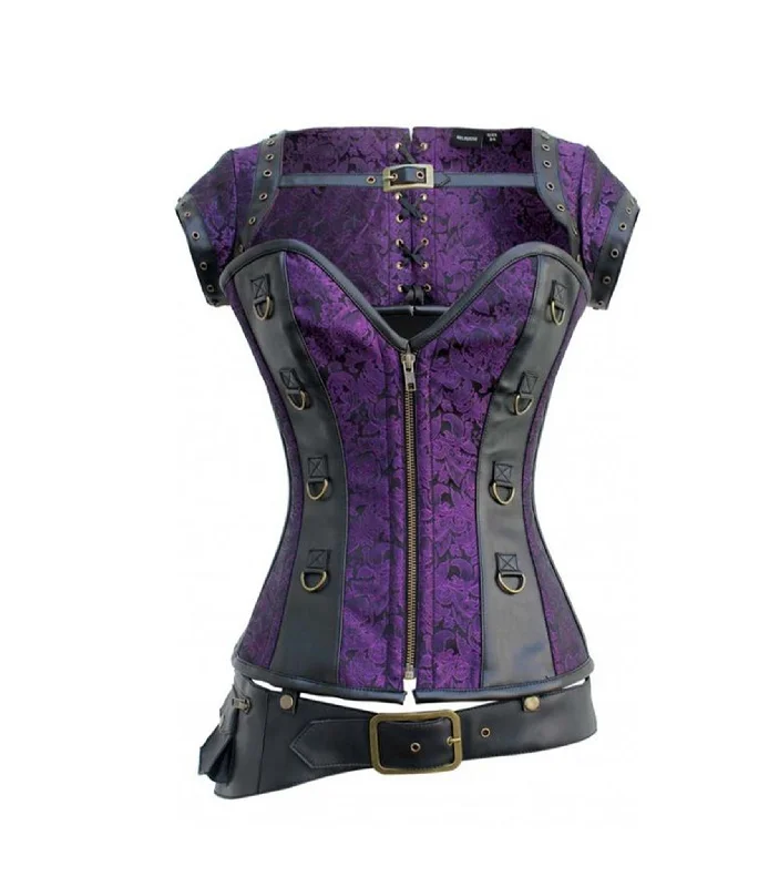 corset dress steampunk vibe-Purple Brocade & Black Faux Leather Gothic Overbust Corset