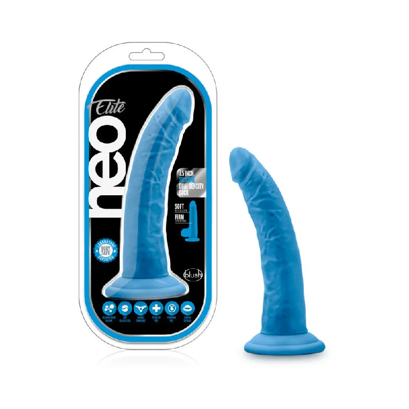 textured black dildo-Neo Elite 7.5 in. Silicone Dual Density Dildo Neon Blue