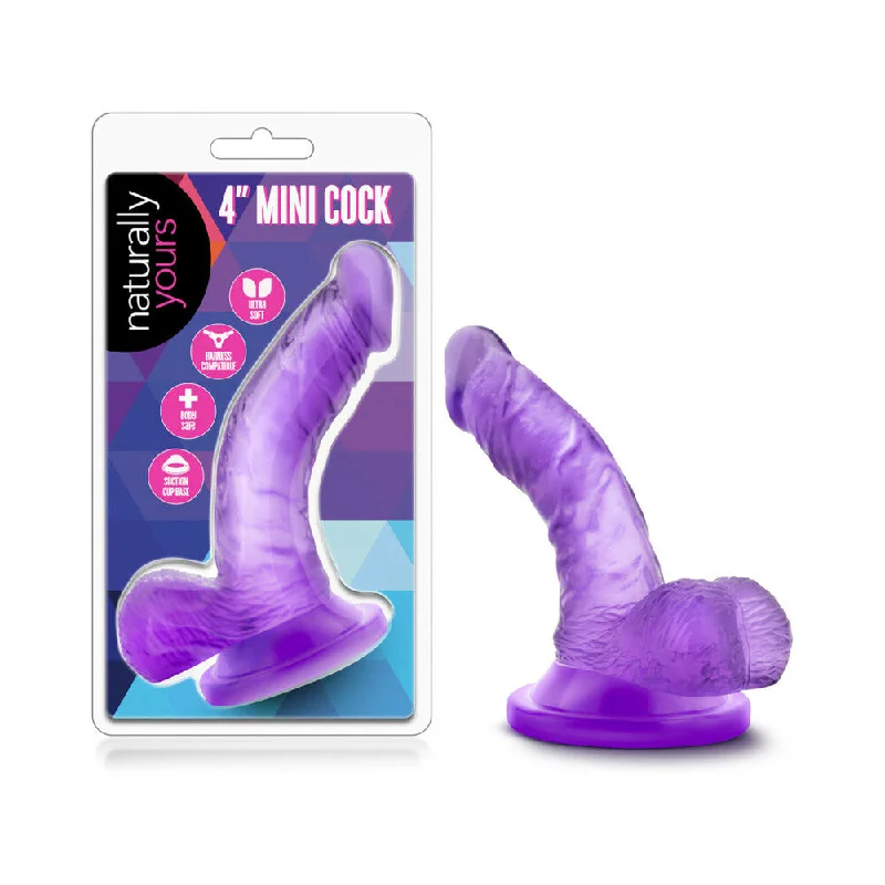 thin fantasy dildo-Naturally Yours 4 in. Mini Cock Realistic Dildo with Balls Purple