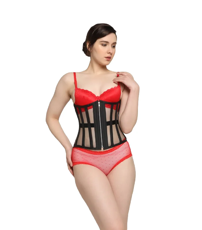 corset with side ties-Black Mesh waist reducing longlined underbust corset