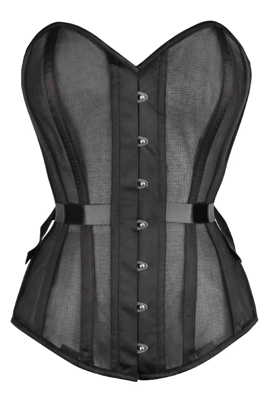 corset top lilac silk-Black Longline Overbust Mesh Corset with Fan Ribbon Lacing