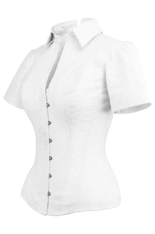 corset for belly support-Short Sleeved White Cotton Corset Shirt