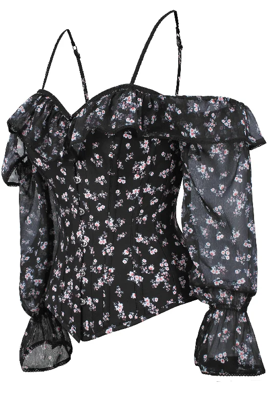 corset for everyday wear-Long Sleeve Dark Ditsy Floral Corset Top with Cold Shoulder