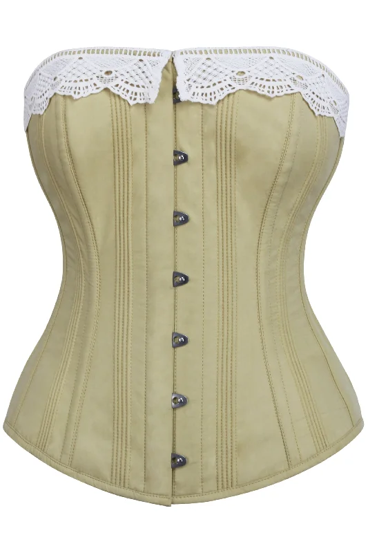 corset dress with feathers-Historically Inspired Taupe Green Longline Corset with Lace Trim