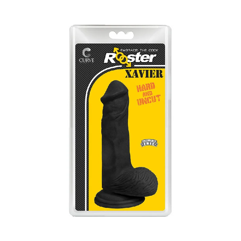 silicone affordable dildo-Curve Toys Rooster Xavier 6.75 in. Dildo with Balls & Suction Cup Midnight