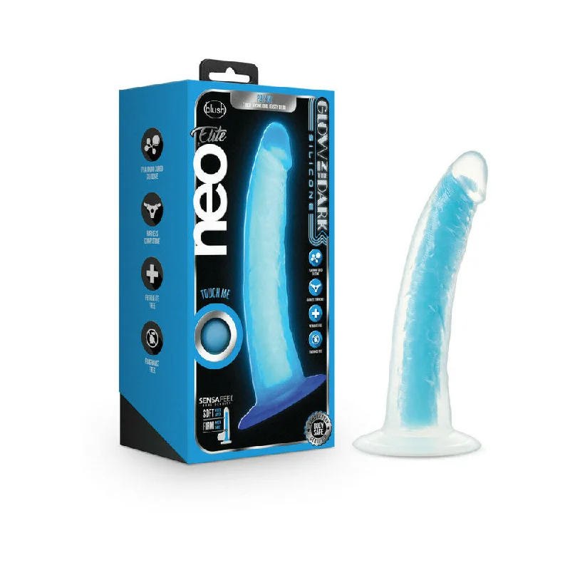 thin smooth dildo-Blush Neo Elite Glow in the Dark Prysm 7 in. Silicone Dual Density Dildo with Suction Cup Neon Blue