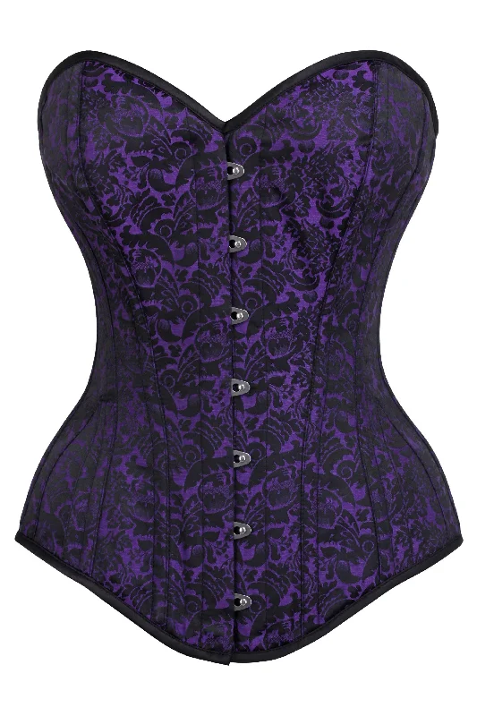 corset dress black satin-Long Purple Brocade Pattern Corset With Hip Gores