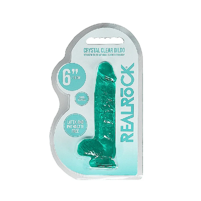 thin waterproof dildo-RealRock Crystal Clear Realistic 6 in. Dildo With Balls and Suction Cup Turquoise