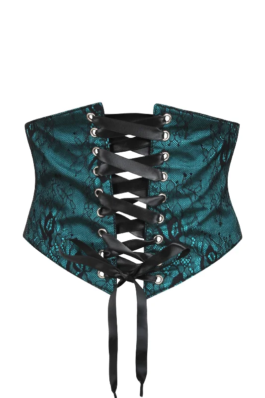 corset with front hooks-Turquoise Satin & Lace Overlay Corset Inspired Belt