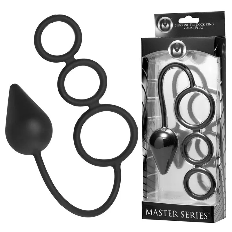 cock ring for solo joy-Master Series Silicone Tri-Cock Ring & Anal Plug - Black Cock & Balls Rings with Anal Plug