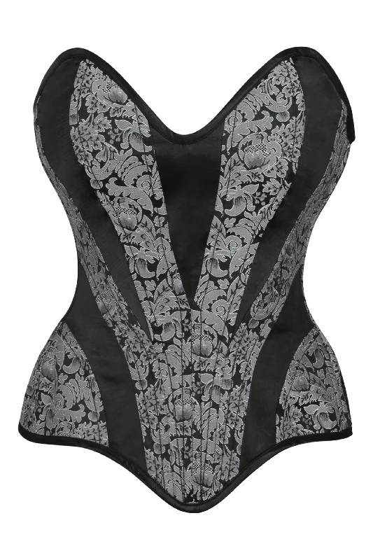 corset with steel boning-Silver and Black Brocade Overbust Corset with Side Zip