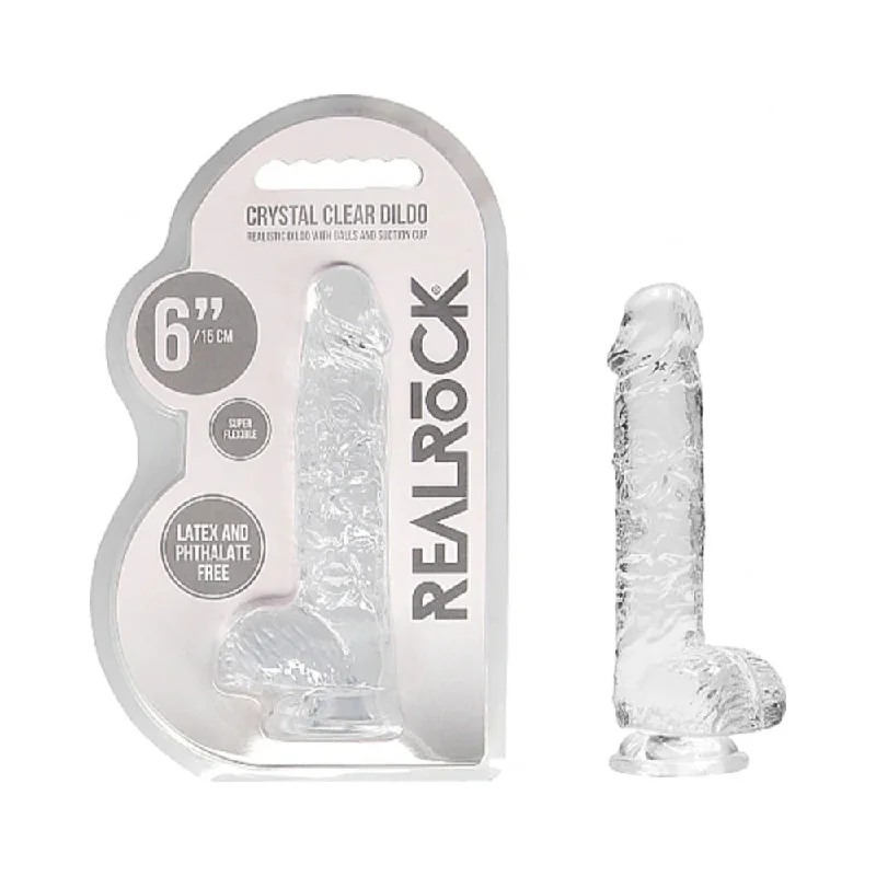 blue waterproof dildo-RealRock Crystal Clear Realistic 6 in. Dildo With Balls and Suction Cup Clear