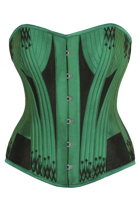 corset dress boho style-Green & Black Overbust Corset with Black Flossing Detail