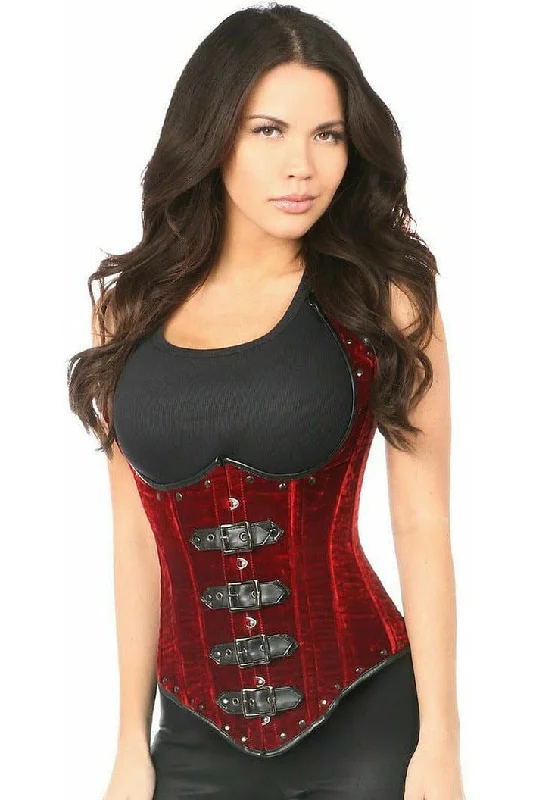 corset dress with corset top-Top Drawer Steel Boned Red Velvet Underbust Corset w/Buckling